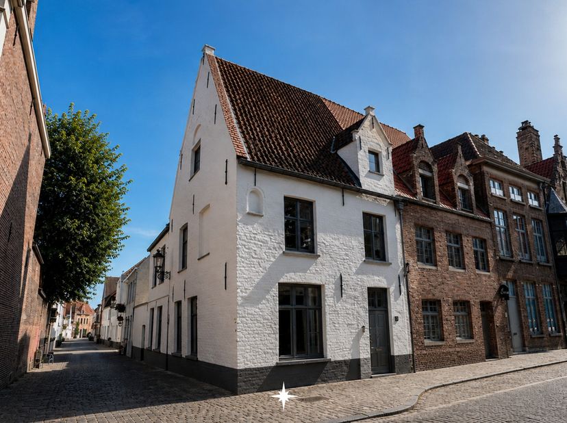 Dans le charmant quartier de Sainte-Anne, dans un cadre paisible à proximité du centre historique de Bruges, se trouve cette maison d'angle étonnammen