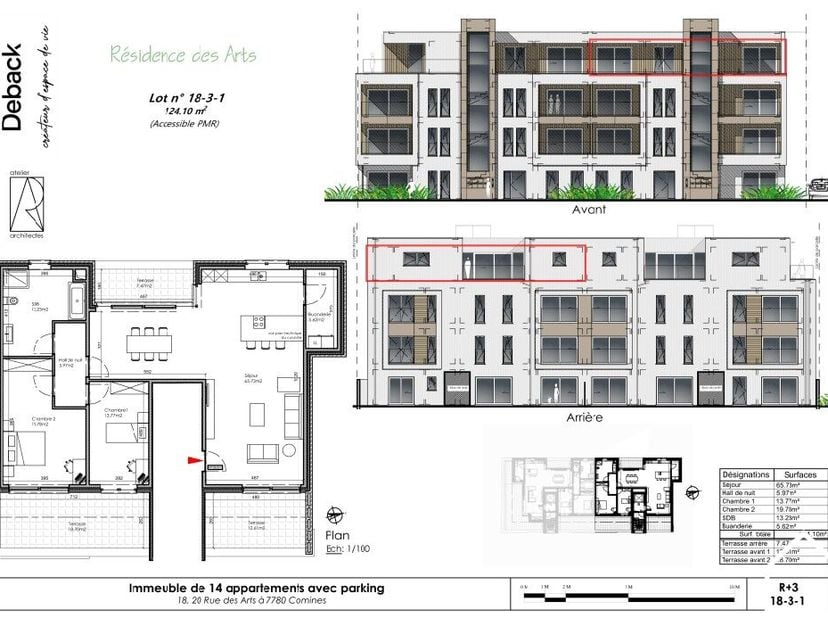 Penthouse op de 3de verdieping (126m²) van een blok met 7 appartementen. Dit appartementen bestaat uit een ruime living met veel lichtinval, een uitge