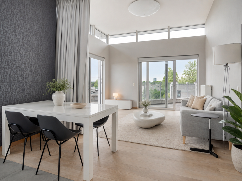 Exclusieve penthouse met panoramisch uitzicht en ruime terrassen van samen 40 m² in hartje Leuven<br />
Op een rustige en gegeerde locatie binnen de L