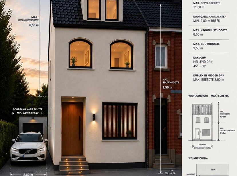 Beau terrain à bâtir pour maison mitoyenne dans une rue calme à sens unique.