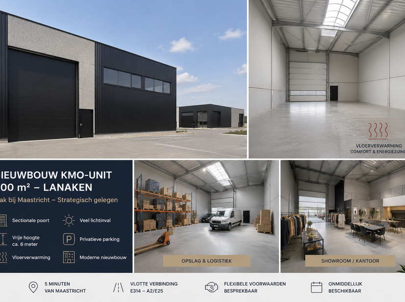 NIEUWBOUW KMO-UNIT TE HUUR VLAK BIJ MAASTRICHT<br />
Strategisch gelegen nieuwbouw KMO-unit van ca. 400 m² in Europark Lanaken, op amper enkele minute