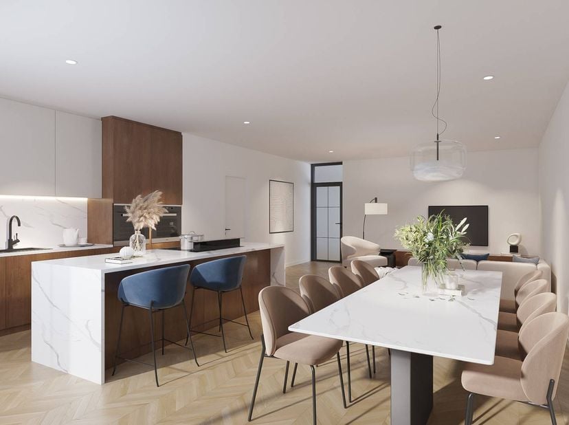 Dit appartement op het gelijkvloers beschikt over een bewoonbare oppervlakte van circa 116 m² en werd ontworpen met oog voor licht, ruimte en function