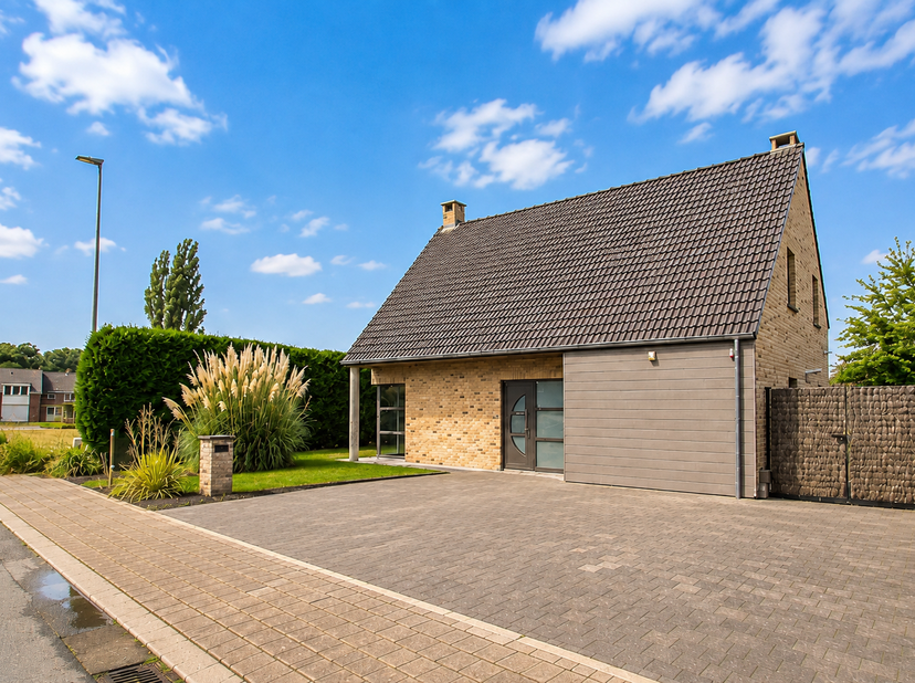 Op het gelijkvloers, leidt de inkomhal naar een apart toilet en een ruime L-vormige leefruimte met houtinbouwhaard. De ingerichte keuken sluit aan op