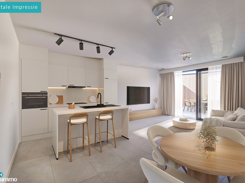INSTAPKLAAR NIEUWBOUW GELIJKVLOERSAPPARTEMENT MET RUIM TERRAS, BUITENBERGING EN CARPORT IN HET HARTJE VAN HOESELT (KEUKEN EN BADKAMER NOG ZELF TE KIEZ