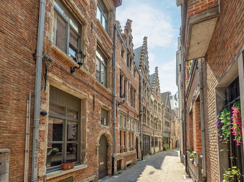 In een gezellig, autoluw middeleeuws straatje in het historische centrum van Antwerpen bevindt zich deze karaktervolle woning, waarvan de oorsprong te