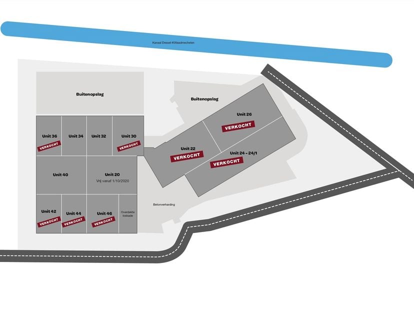 Recente KMO gebouwen  (7322m²) + ruime parkings langs het Kanaal &#039;Dessel Kwaadmechelen&#039;&lt;br /&gt;
 - casco +&lt;br /&gt;
 - sectionaal poort&lt;br /&gt;
 - vrije hoog
