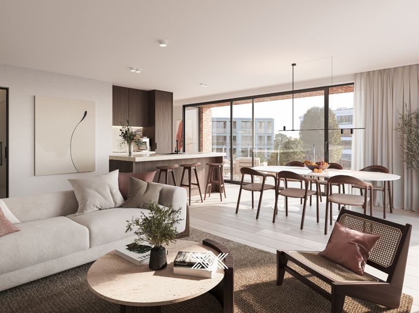 Dit tweeslaapkamer appartement van 110m² bevindt zich op de 1ste verdieping en beschikt over inkomhal met vestiaire, een gastentoilet, een leefruimte