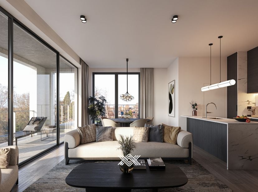 Dit gelijkvloers appartement van 99m² beschikt over een inkomhal met gastentoilet, één slaapkamer, een leefruimte met open keuken, een praktische berg