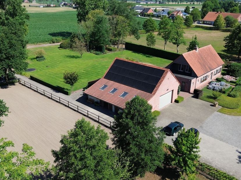 Schitterend landgoed bestaande uit een recente boerderij, een ruime schuur, 5 paardenstallen, een piste, een verzorgde aangelegde tuin met zwemvijver,
