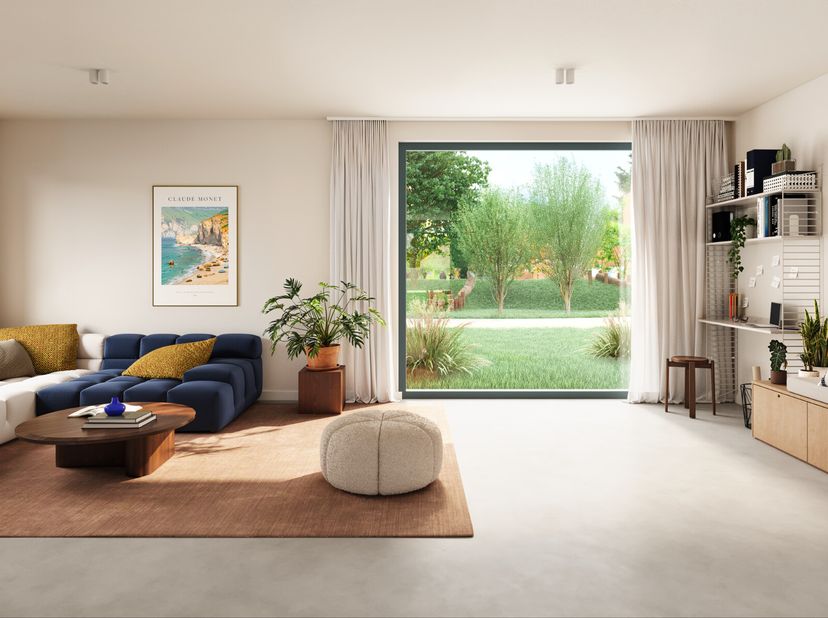Deze ruime, open nieuwbouwwoning bestaat op het gelijkvloers uit een inkomhal, een geïnstalleerde keuken met aansluitend de eetruimte, een ruime bergi
