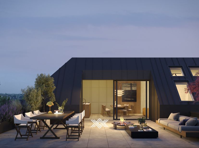 Deze penthouse van 170 m² beschikt over een lichtrijke woonruimte met zuidwest georiënteerd terras van liefst 35 m² met uitzicht op de Gentse Skyline
