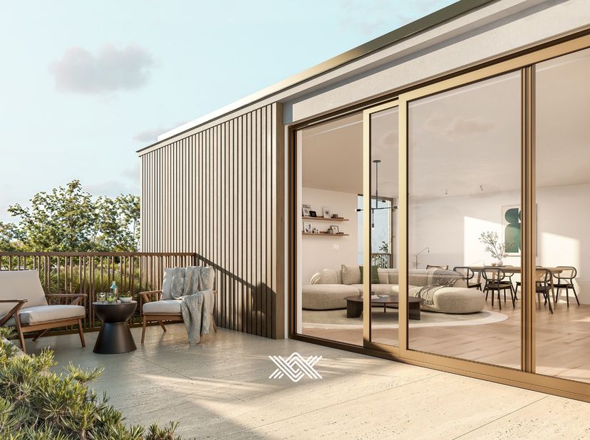 Deze penthouse met een oppervlakte van 111 m² is gelegen op het tweede en bovenste verdiep van het gebouw Vespera, aan de kant van Sint-Gerolflaan. He