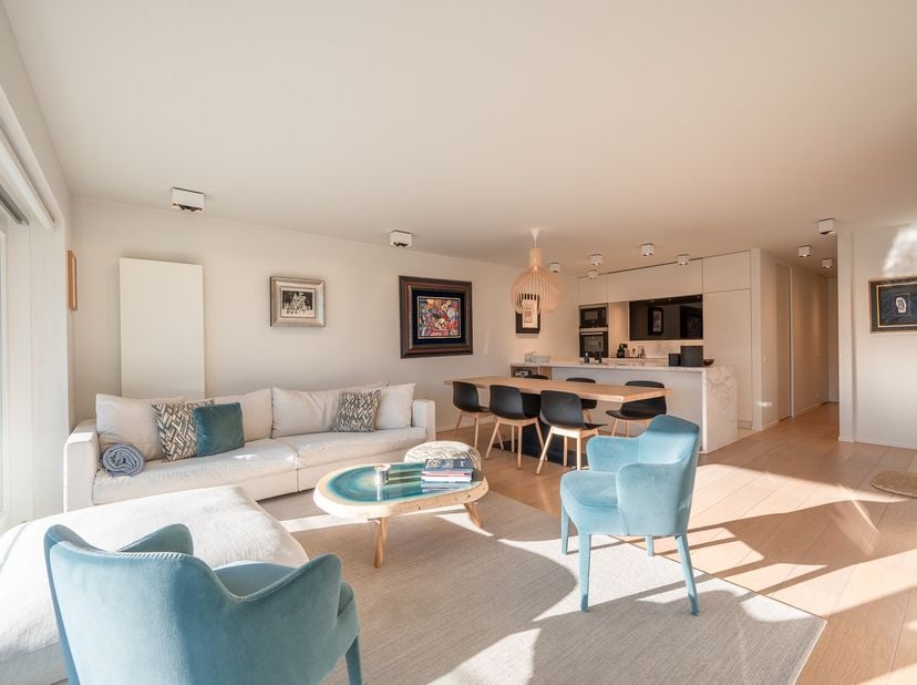 Lichtrijk appartement met een zuid georiënteerd terras en groene zichten, op enkele stappen van de Wandeldijk. Indeling: inkomhal met vestiaire en gas