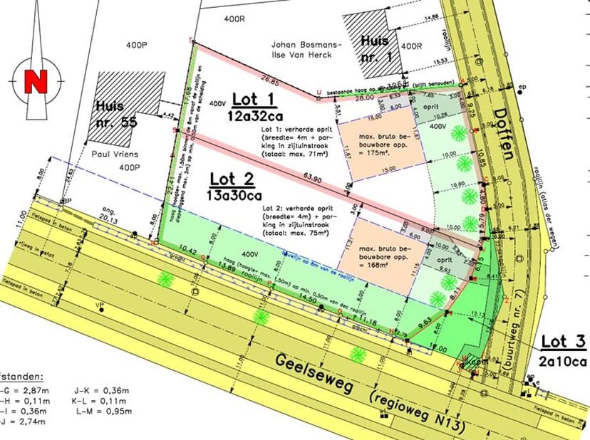 Bouwgrond Lot 1 goedgekeurde verkaveling: groot 12a32ca, open bebouwing, bebouwbare bruto oppervlakte = 175m², gevelbreedte = 11,67m en bouwdiepte = 1
