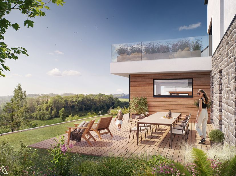 GESVES. Idéalement situé dans un quartier vert proche de toutes les facilités, APPARTEMENT NEUF (3CH/2SDB) de 151,30 m² avec TERRASSE ET JARDIN PRIVAT