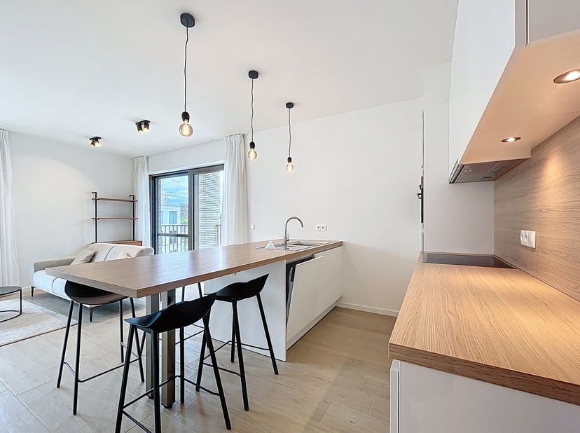 Dit lichtrijk nieuwbouwappartement met 1 slaapkamer en 2 terrassen ligt aan de Schelde, op korte fietsafstand van het Gentse stadscentrum, het UZ Gent