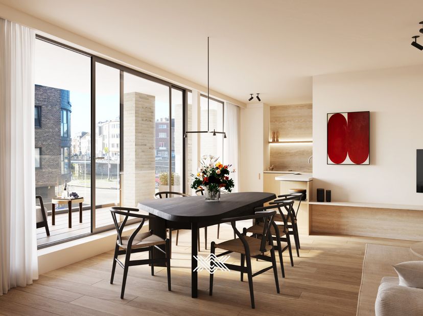 Dit éénslaapkamer appartement van 70 m² op de eerste verdieping beschikt over een eet- en leefruimte met rechtstreekse toegang tot het zuidwestelijk g