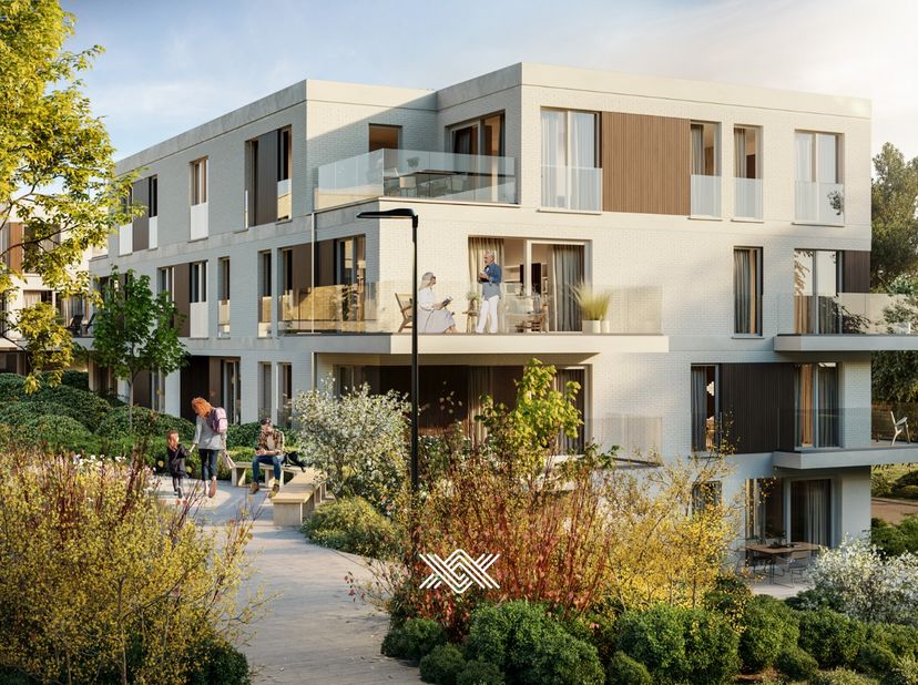 Dit gelijkvloers tweeslaapkamer appartement van 85,6 m² beschikt over een inkomhal, een lichtrijke leef- en eetruime met open keuken en keukeneiland,