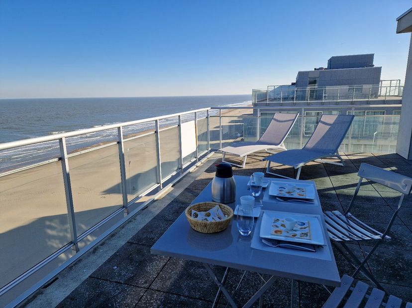 Volledig vernieuwd penthouse op de zeedijk te Middelkerke met een onbelemmerd zicht over zee en het achterliggend natuurgebied. Zowel aan de zijde van