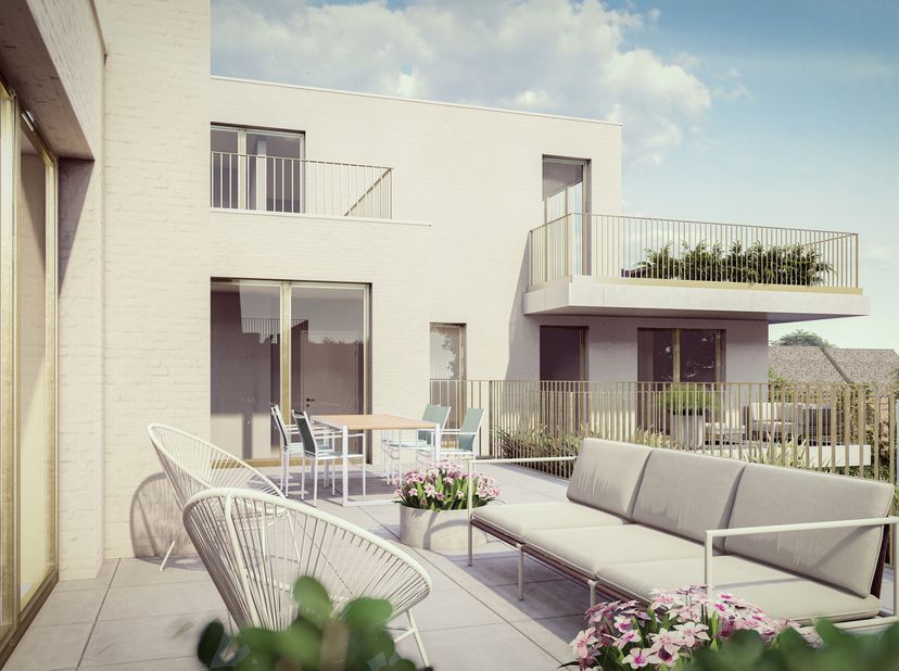 Prachtig groot en gezellig appartement met een geweldig en ruim terras naar het zuiden met twee grote schuiframen vanuit de eet- en leefruimte.  De wo