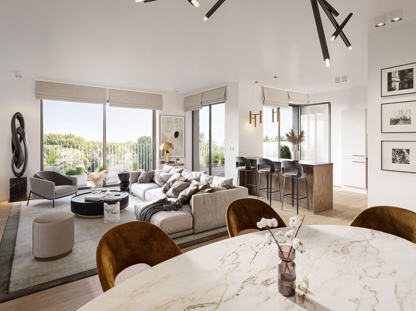 SINT-STEVENS-WOLUWE, op 500 m van Wolubilis en tegenover Parc Neerveld, ruim nieuw APPARTEMENT van 92,7 m² (2 slpk/1bad) met TERRAS. Gelegen op de 4de