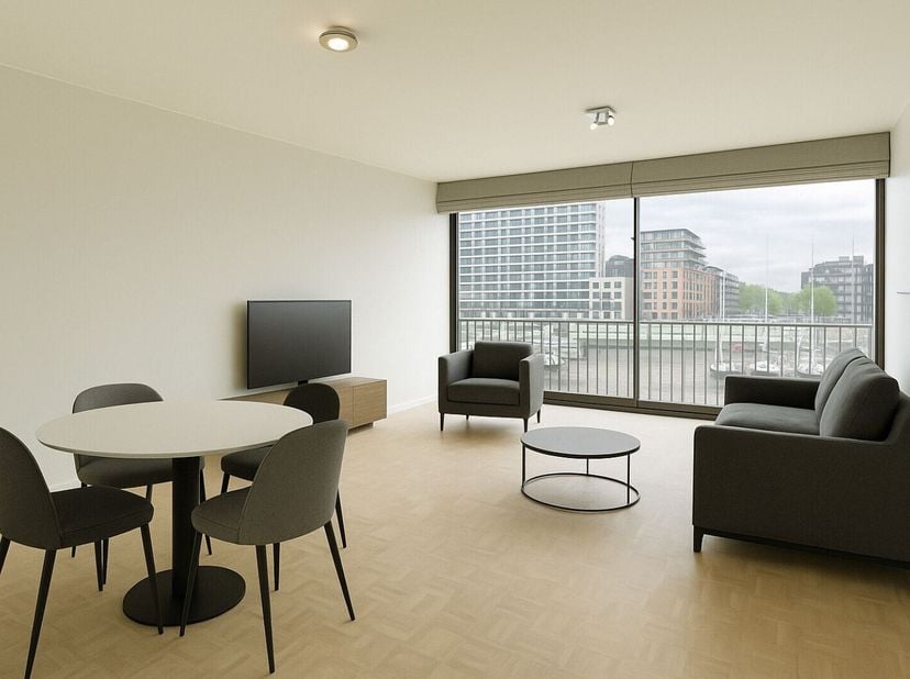 Pas vernieuwde zongerichte studio op absolute topligging met prachtig vrij zicht op de jachthaven. Bestaande uit : inkom met vestiaire/berging, badkam