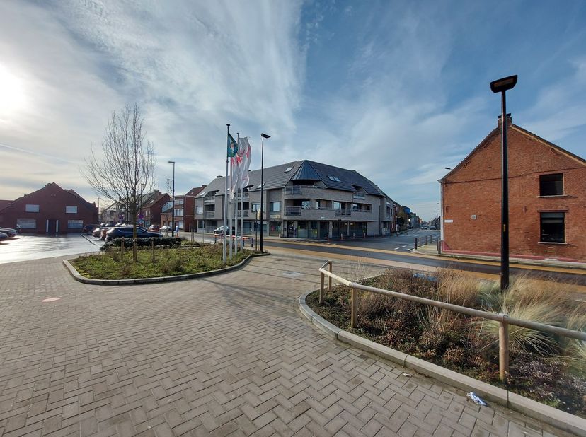Ruim gelijkvloers appartement met 2 slaapkamers, terras en grote garage (7x4.5) in centrum Sente, zeer geschikt voor senioren. Inkom met toilet, ruime