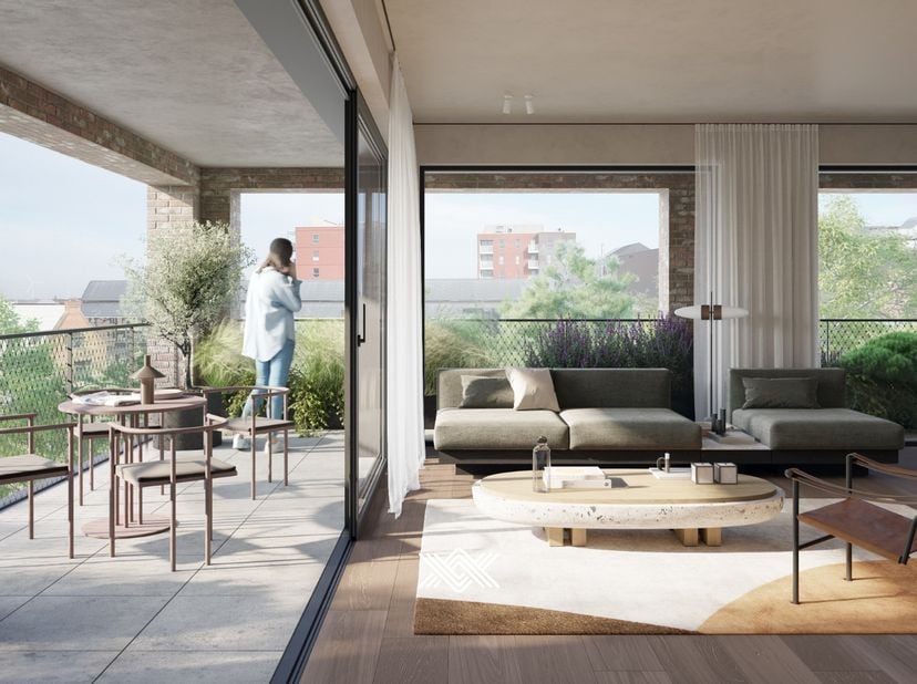 Dit hoekappartement van 108m² beschikt over een lichtrijke eet- en leefruimte met hoge plafonds en rechtstreekse toegang tot het terras van 30m² met u